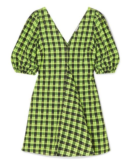 Ganni Green Checked Cotton-blend Seersucker Mini Dress