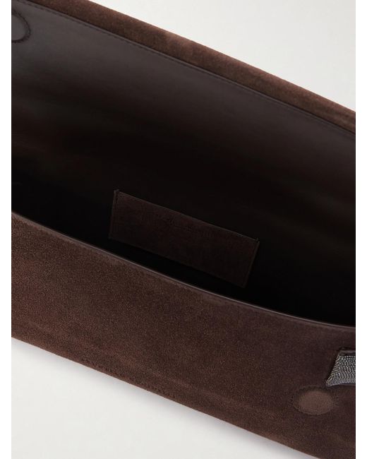 Brunello Cucinelli Brown Bead-Detailed Suede Clutch