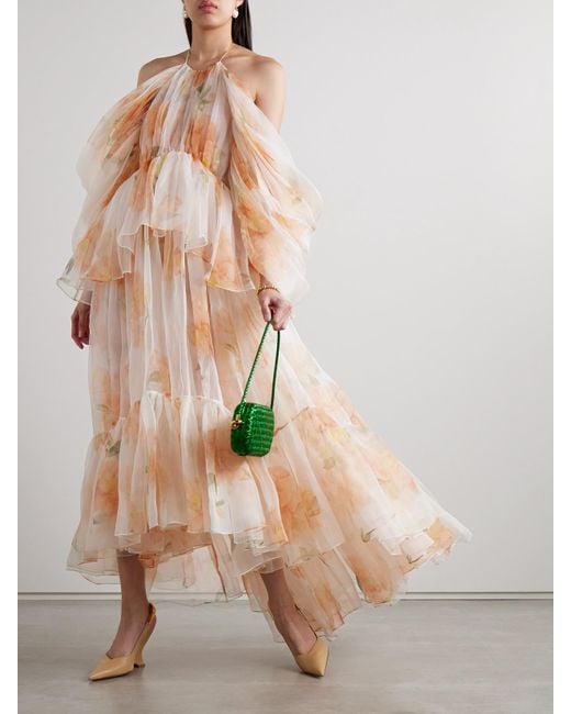 Zimmermann Pink Natura Tiered Floral-Print Silk-Organza Halterneck Midi Dress