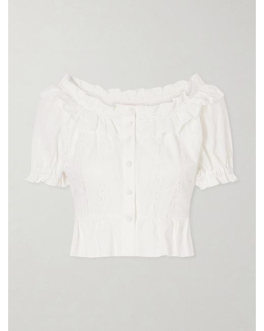 Loretta Caponi White Terracina Ruffled Lace-Trimmed Cotton-Poplin Blouse