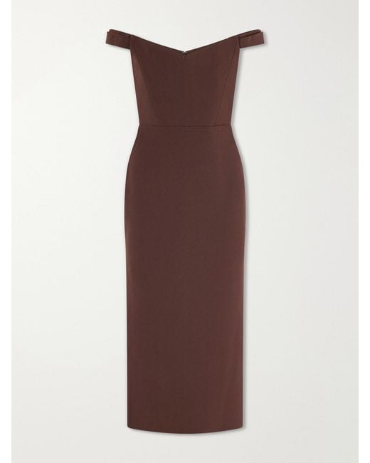 Alex Perry Brown Off-The-Shoulder Crepe Midi Dress