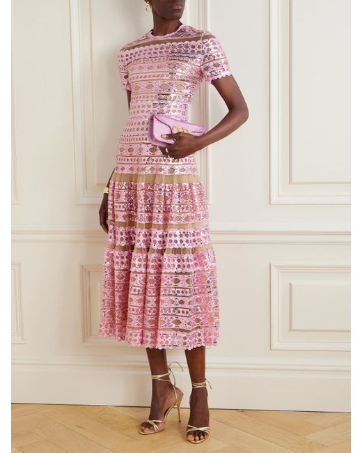 Elie Saab Pink Tiered Embroidered Sequined Tulle Midi Dress