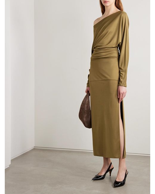 Khaite Green Junet One-Shoulder Draped Satin-Jersey Maxi Dress