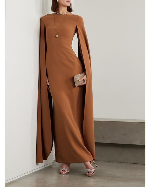 Solace London Brown Sadie Cape-Effect Crepe Gown