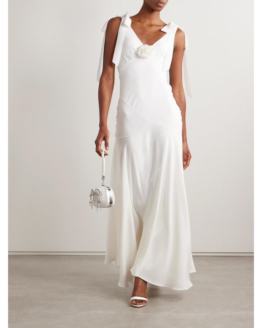 Rodarte White Embellished Velvet-Trimmed Silk-Crepe Maxi Dress