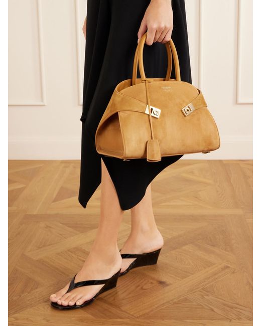Ferragamo Natural Hug Small Embellished Leather-Trimmed Suede Tote