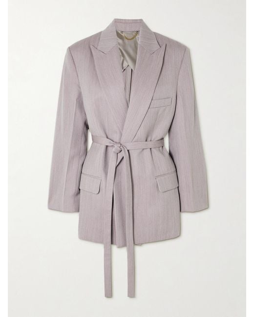 Victoria Beckham Gray Belted Textured-Wool Blazer