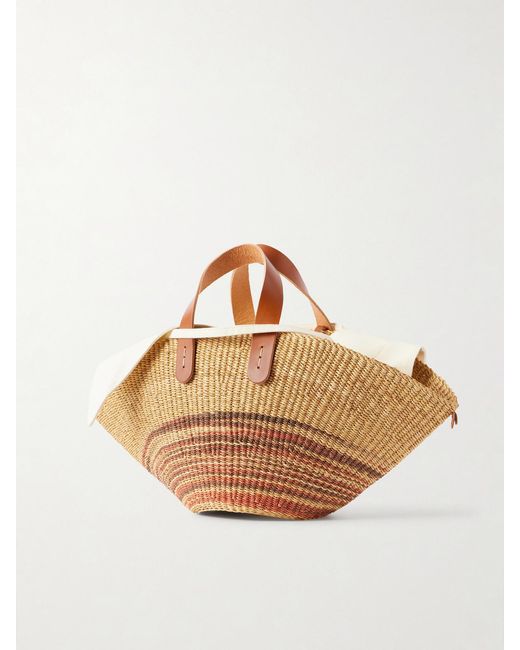 Muuñ Natural Pacha Striped Leather-Trimmed Raffia Tote