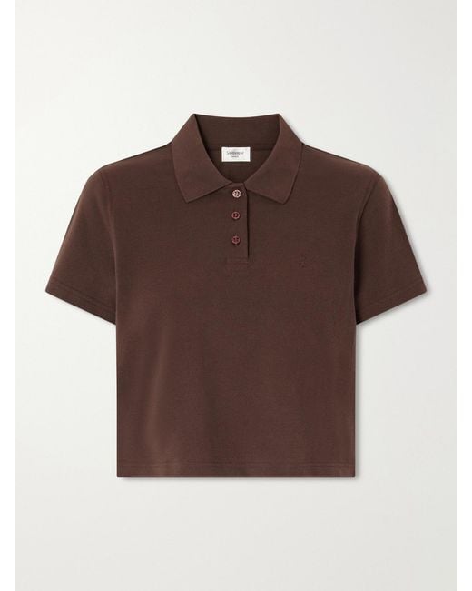 Saint Laurent Brown Cassandre-Embroidered Cropped Cotton-Piqué Polo Shirt