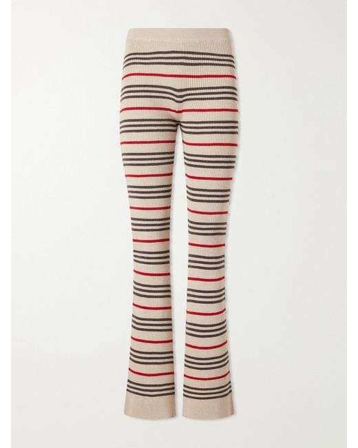 The Elder Statesman Natural Libeccio Striped Wool, Silk And Linen-Blend Flared Pants