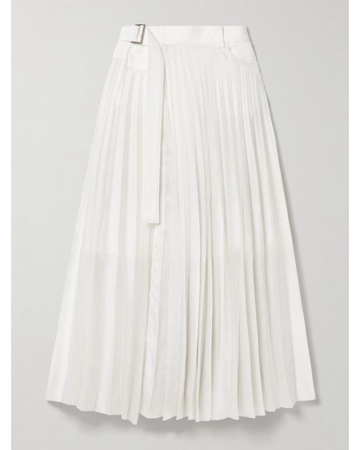 Sacai White Belted Denim-Trimmed Pleated Satin Midi Wrap Skirt