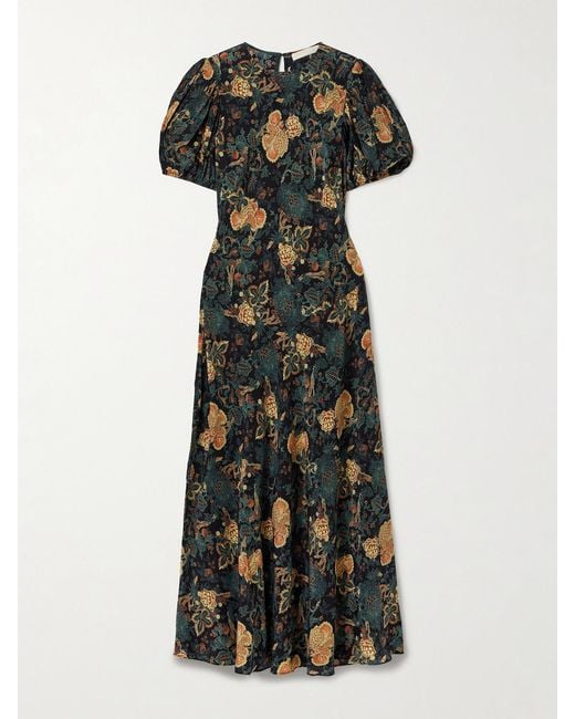 Ulla Johnson Black Ines Floral-Print Silk Crepe De Chine Midi Dress