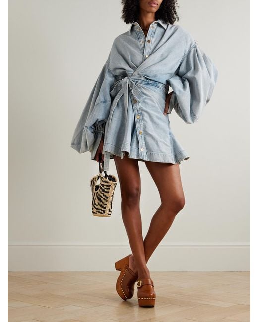 Zimmermann Blue Rebellion Gathered Denim Mini Wrap Dress