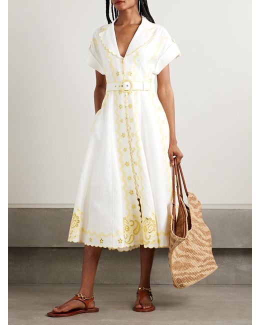 Zimmermann Natural Lucky Belted Broderie Anglaise Linen Midi Shirt Dress