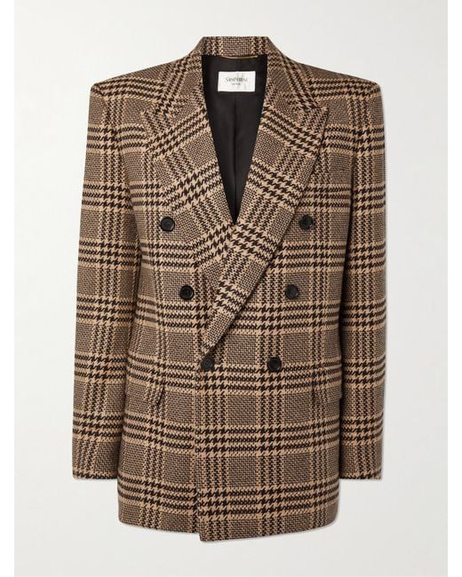 Saint Laurent Brown Double-Breasted Checked Silk And Cashmere-Blend Blazer