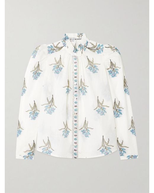 Alix Of Bohemia Natural Artemis Sky Ruffled Floral-Print Cotton-Voile Shirt