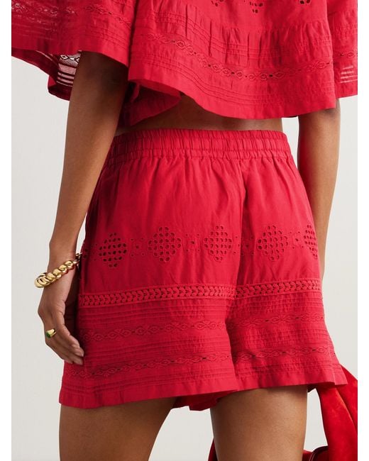 Isabel Marant Red Damina Crochet-Trimmed Broderie Anglaise Organic Cotton-Voile Shorts