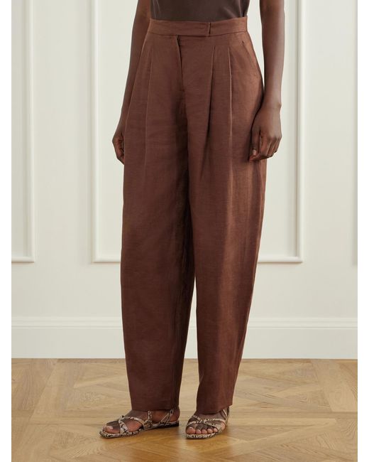 ANDRES OTALORA Brown Seguirte Pleated Linen Tapered Pants