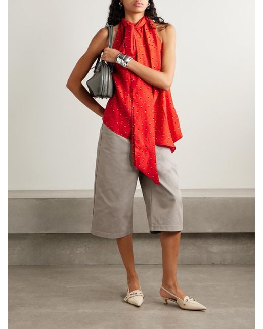 Acne Red Scarf-Detailed Printed Silk-Jacquard Top