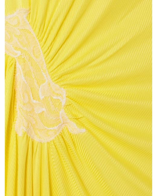 Christopher Esber Yellow Delphin Asymmetric Gathered Lace-Trimmed Ribbed Jersey Midi Dress
