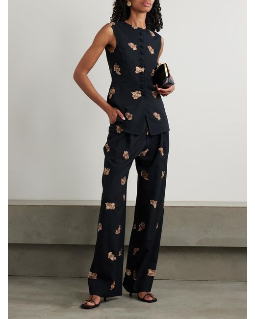 LIBEROWE Blue Annie Pleated Floral-Jacquard Metallic Wool-Blend Wide-Leg Pants
