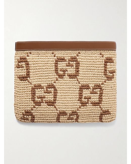 Gucci Natural Leather-Trimmed Crocheted Raffia Clutch