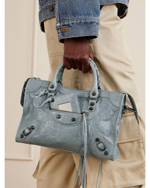 Balenciaga Blue Le City Small Embellished Crinkled-Leather Tote