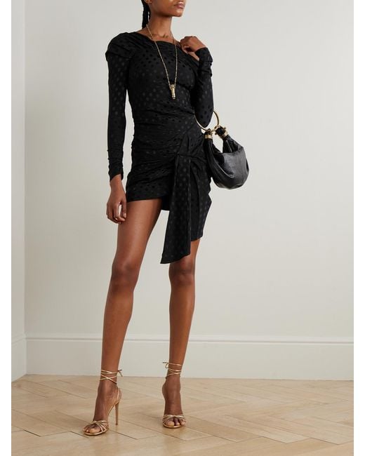 Isabel Marant Black Asymmetric Draped Polka-Dot Stretch-Silk Dress