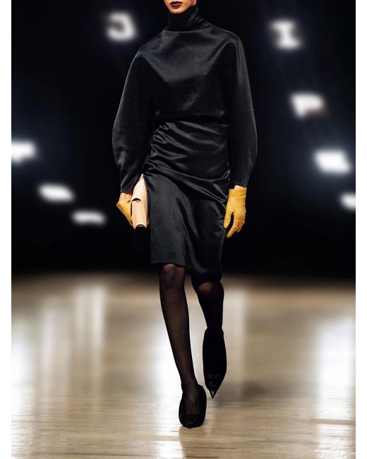Khaite Black Harlin Draped Ramie-Blend Satin Knee-Length Dress
