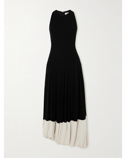 Victoria Beckham Black Asymmetric Two-Tone Gathered Stretch-Jersey Midi Dress