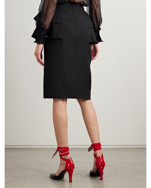 Valentino Garavani Black Midirock Aus Crêpe Aus Einer Woll-Seidenmischung Mit Rüschen