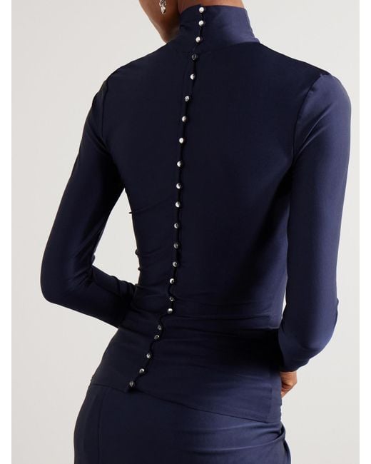 Rabanne Blue Crystal-Embellished Gathered Satin-Jersey Top