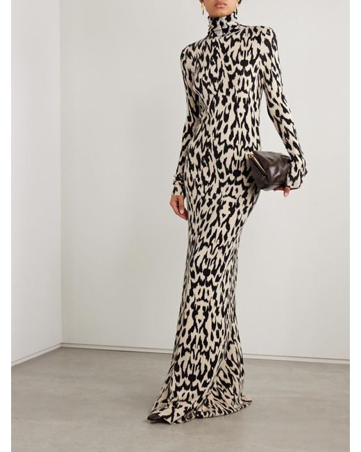 Brandon Maxwell White The Camille Leopard-Print Cashmere Turtleneck Maxi Dress
