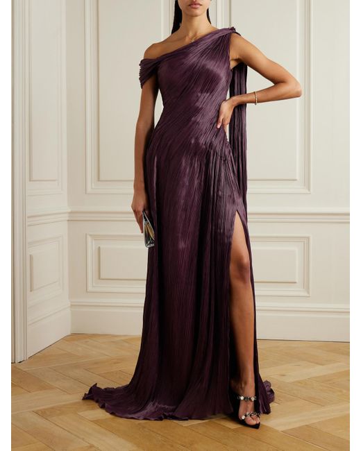 Marmar Halim Purple One-Shoulder Cape-Effect Draped Plissé Silk-Satin Gown