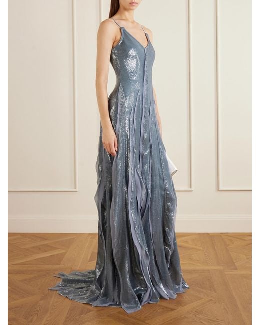 Marmar Halim Blue Pleated Sequined Chiffon Gown