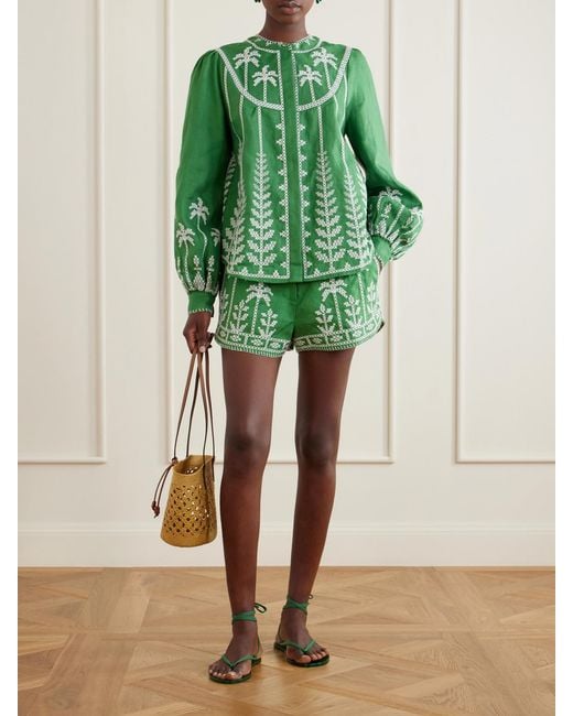 Farm Rio Green Embroidered Linen Shorts