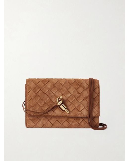 Bottega Veneta Brown Andiamo Small Intrecciato Suede Shoulder Bag