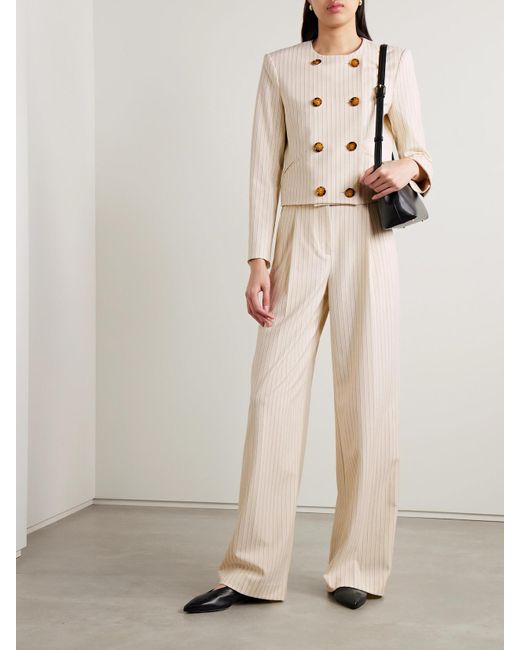 Veronica Beard Natural Winslow Double-Breasted Pinstriped Jacquard Jacket