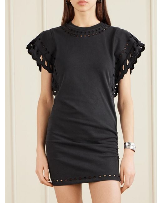 Isabel Marant Black Orlane Broderie Anglaise Cotton-Jersey Mini Dress