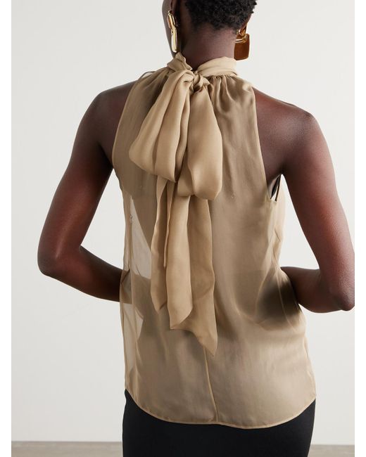 Saint Laurent Natural Bluse Aus Seidenchiffon Mit Raffungen Zum Binden