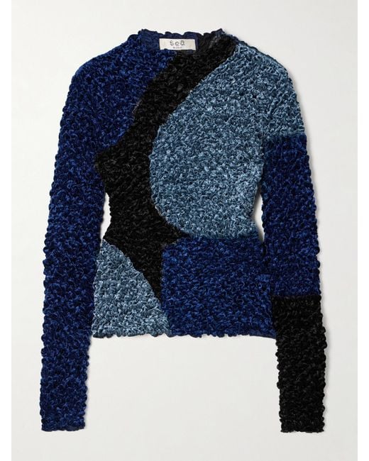 Sea Blue Malene Smocked Patchwork Crushed-Velvet Top