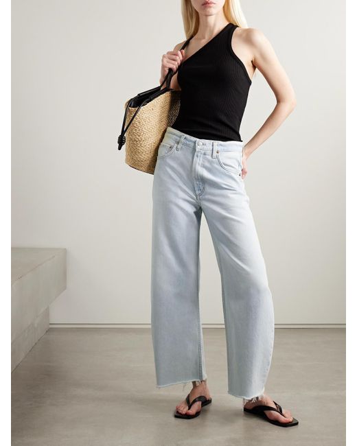 Agolde Blue Low Curve Halbhohe Jeans Mit Weitem Bein Und Fransen