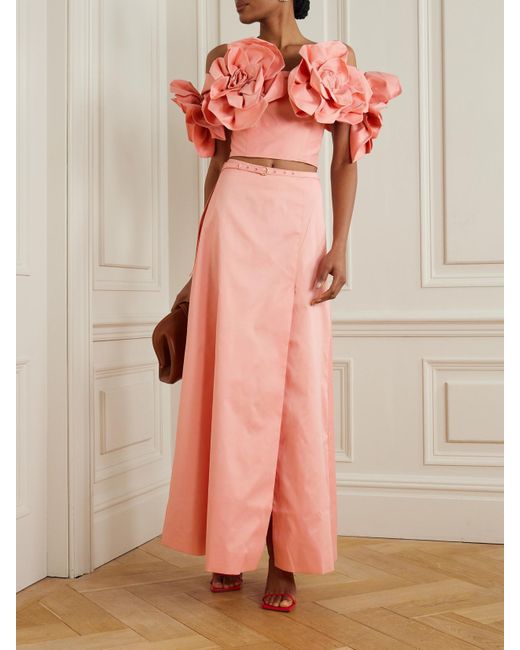 Aje. Pink Etta Appliquéd Off-The-Shoulder Taffeta Cropped Top