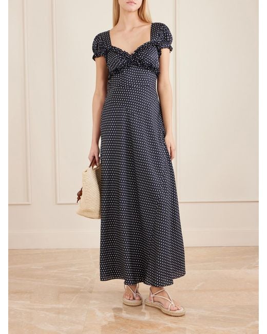 Doen Blue Valerine Gathered Polk-Dot Silk-Blend Twill Maxi Dress