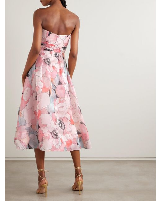 Rebecca Vallance Pink Strapless Gathered Floral-Print Silk-Organza Midi Dress