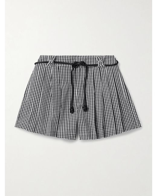 Sea Gray Neci Belted Pleated Gingham Cotton-Poplin Shorts