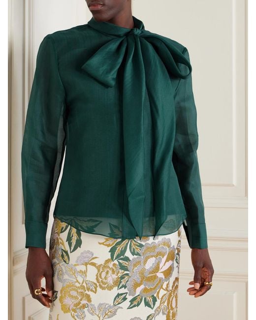 Carolina Herrera Green Pussy-Bow Silk-Organza Blouse