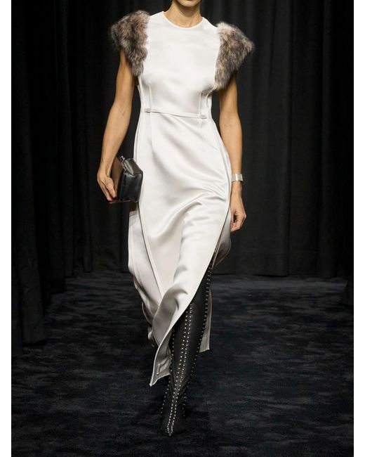 Jil Sander White Paneled Shearling-Trimmed Satin-Twill Maxi Dress