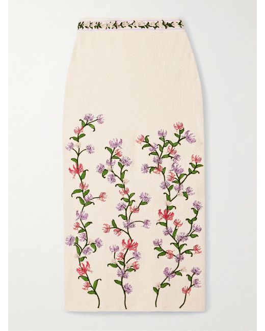 Agua Bendita Natural Chlorella Honeysuckle Appliquéd Embroidered Cotton-Blend Bouclé Midi Skirt