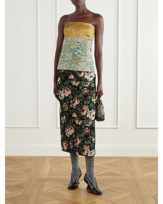 Dries Van Noten Green Strapless Metallic Floral-Jacquard Top